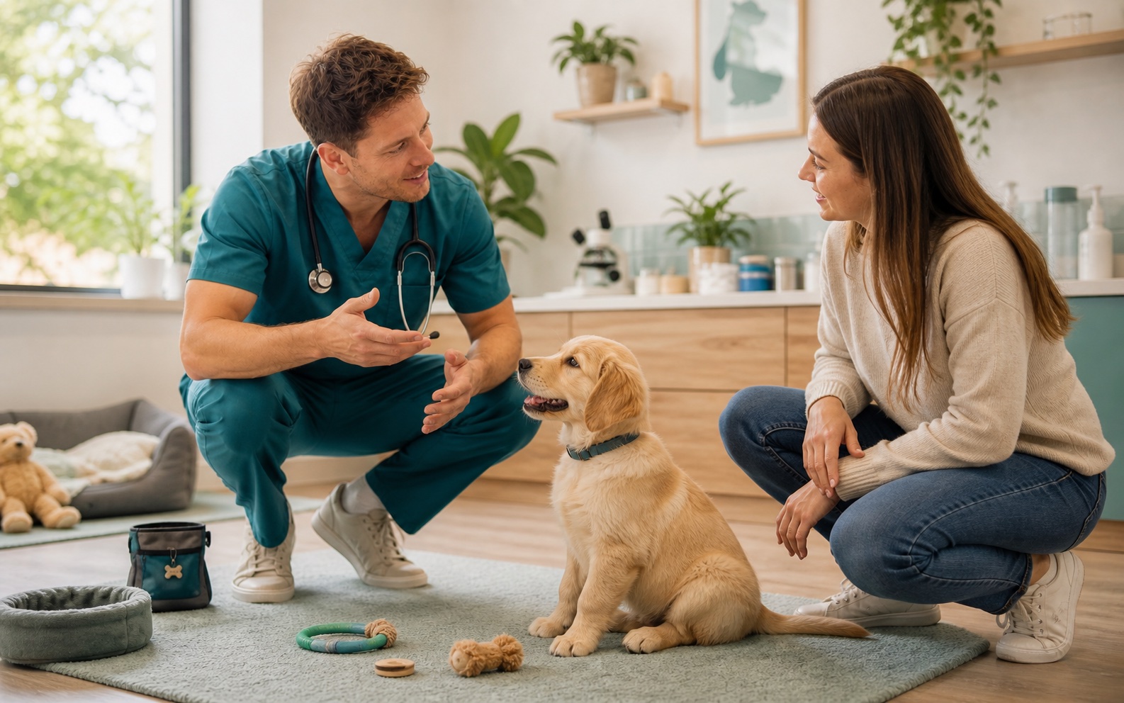 Un vétérinaire conseille l’accueil d’un chiot dans ses premiers mois.