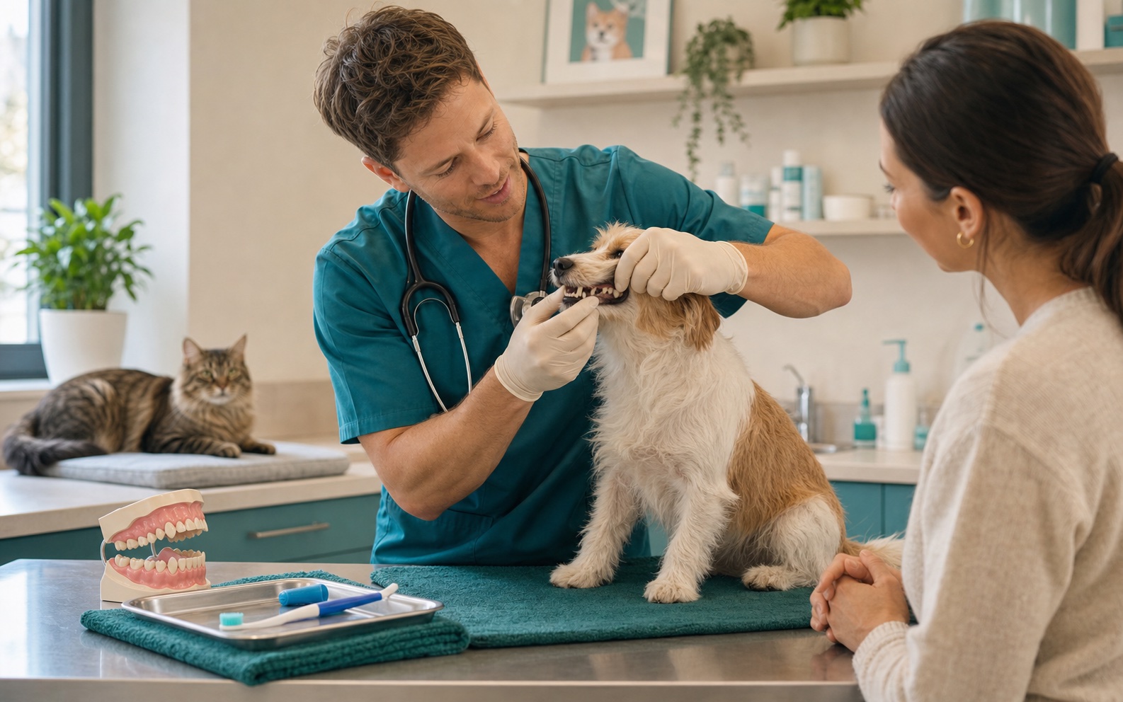 Un vétérinaire contrôle doucement la dentition d’un chien.