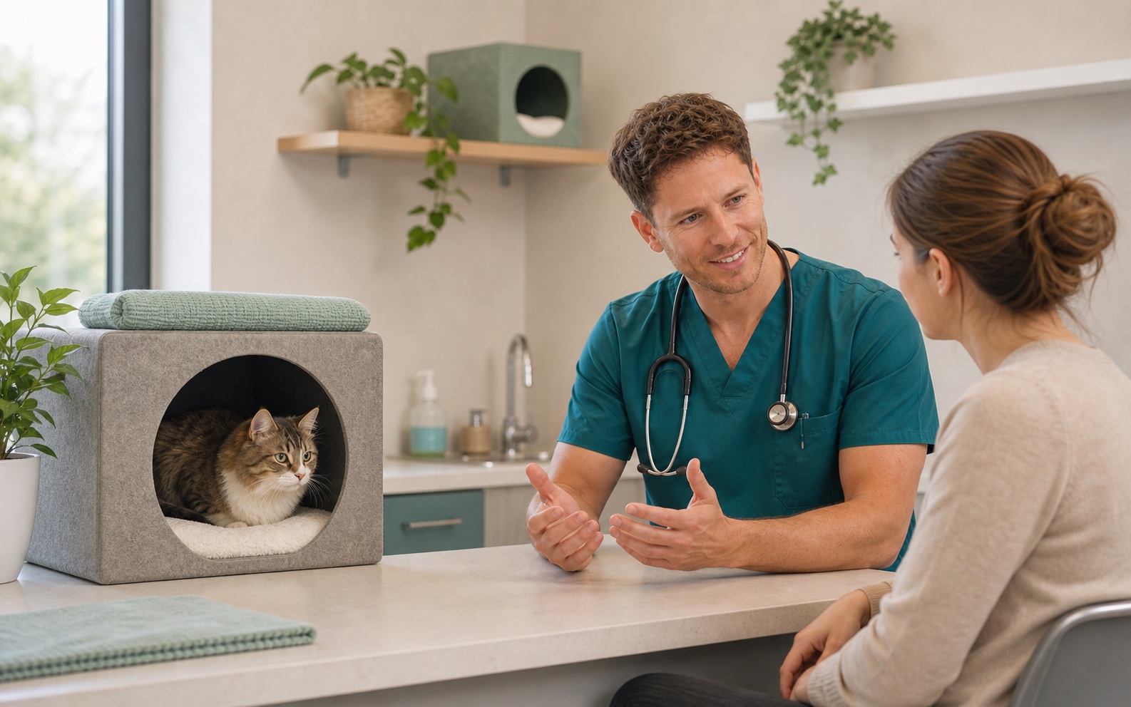Un vétérinaire observe un chat installé dans un espace rassurant.