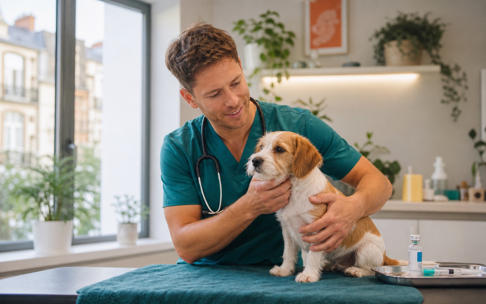 Un vétérinaire examine un chien lors d’une consultation vaccinale.